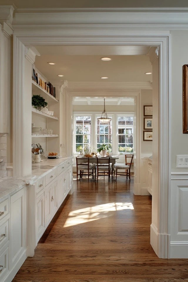 Wide counter-height opening with shelf allowing food service