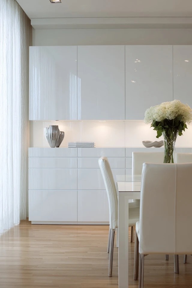 Handleless white cabinet with push-to-open drawers