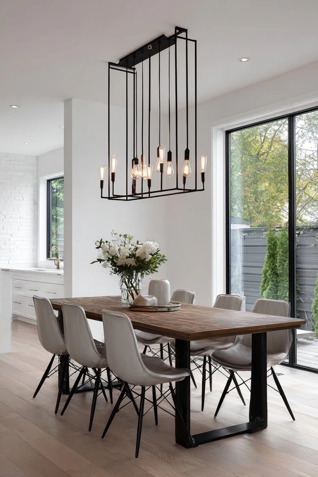 Linear chandelier with black metal frame and Edison bulbs
