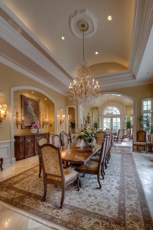 Central chandelier with wall sconces and buffet lamps