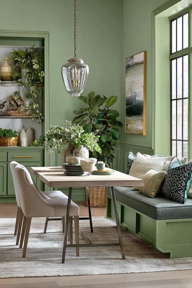 Variety of green shades in walls, upholstery, accessories, and plants