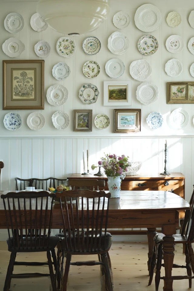 Antique plates hung in decorative arrangement
