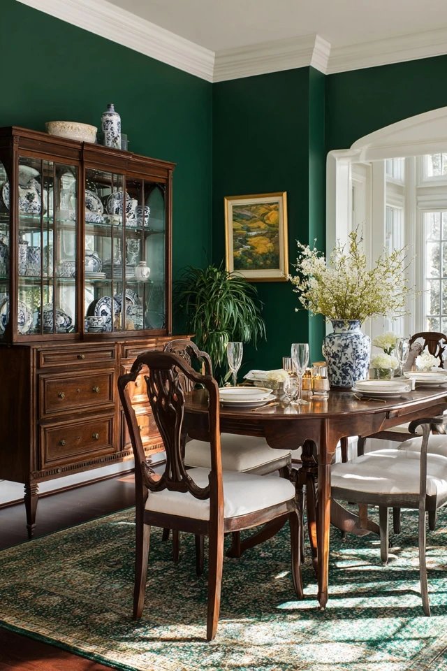 Dark hunter green wall behind buffet