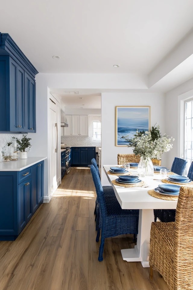 Consistent navy blue and white palette throughout