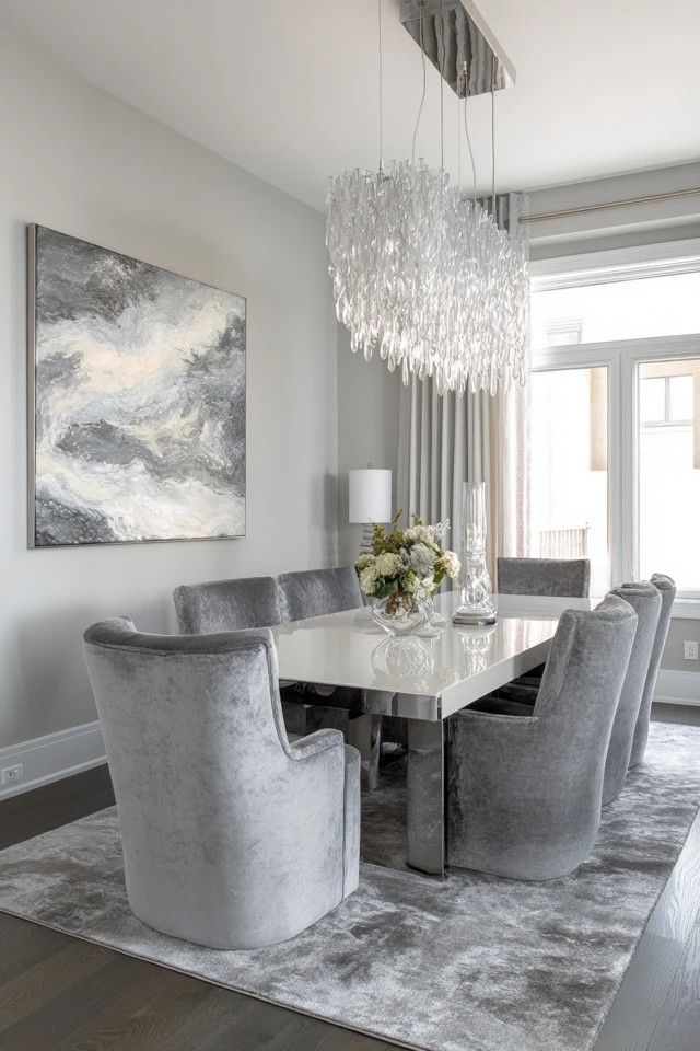 Varied grey shades with white table and chrome accents