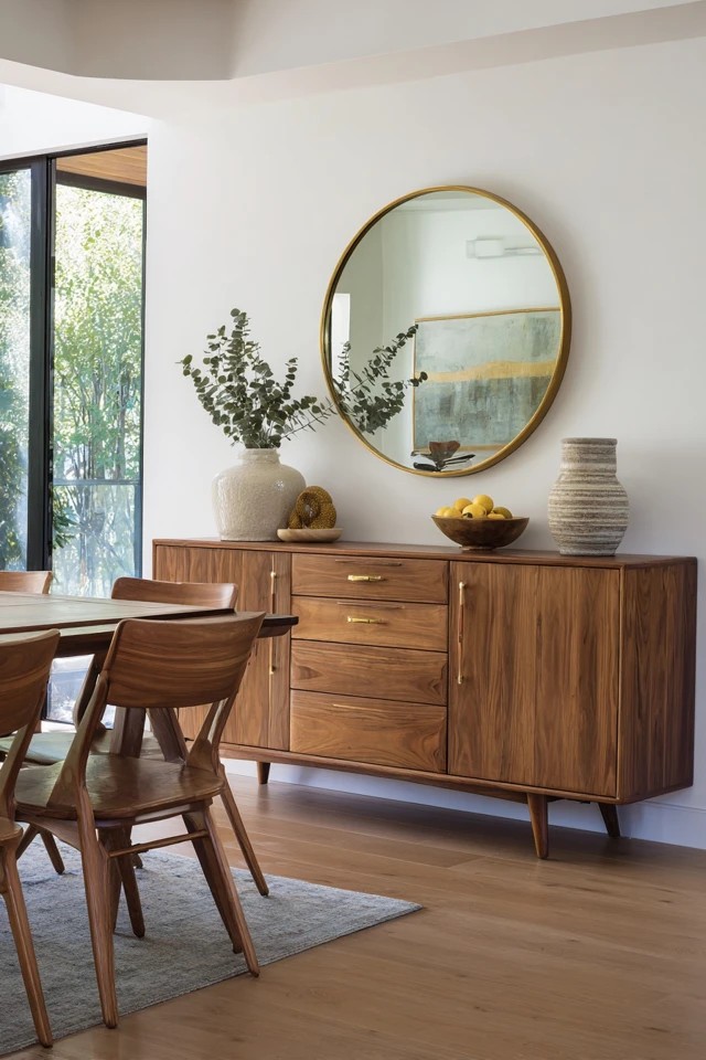 Walnut credenza with clean lines and brass hardware