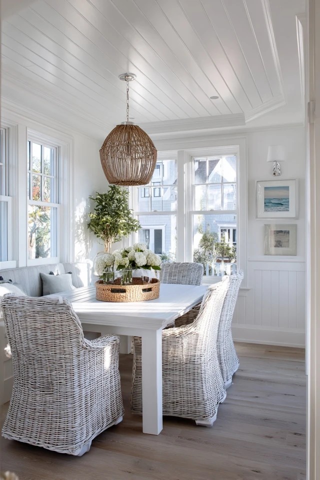 White table with aqua chairs and coral accessories