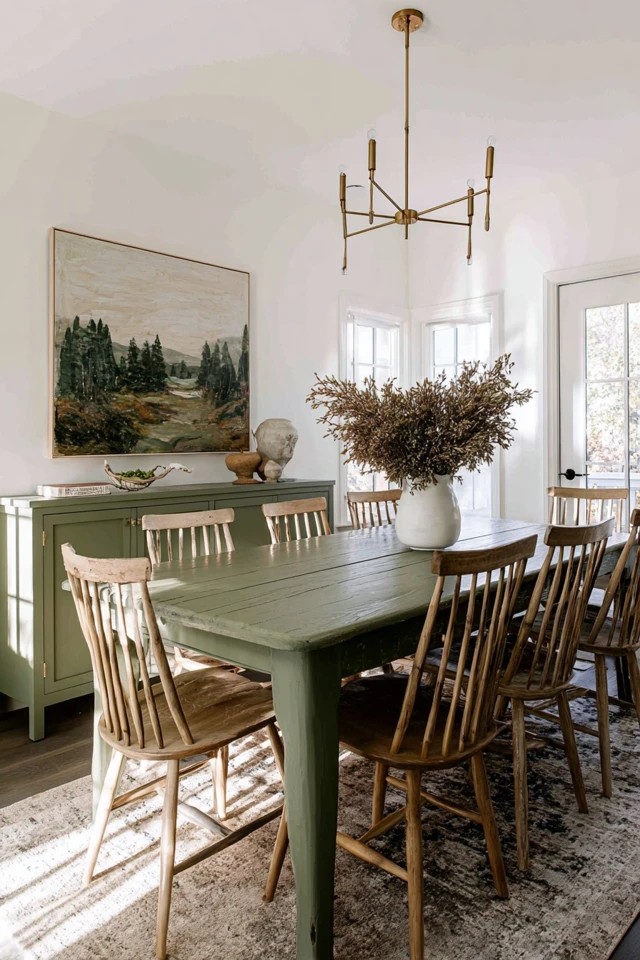 Wallpaper with tropical leaf or fern pattern in varied green tones