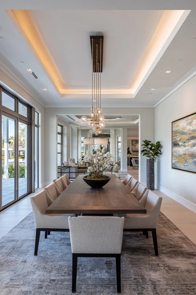 Substantial rug extending beyond all dining chairs