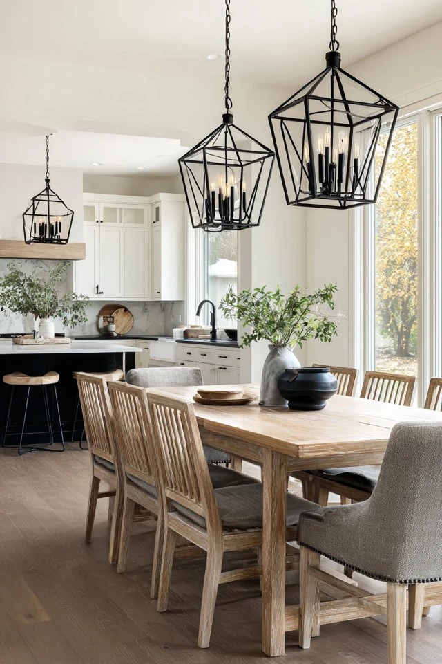 Wide-plank hardwood extending from kitchen through dining