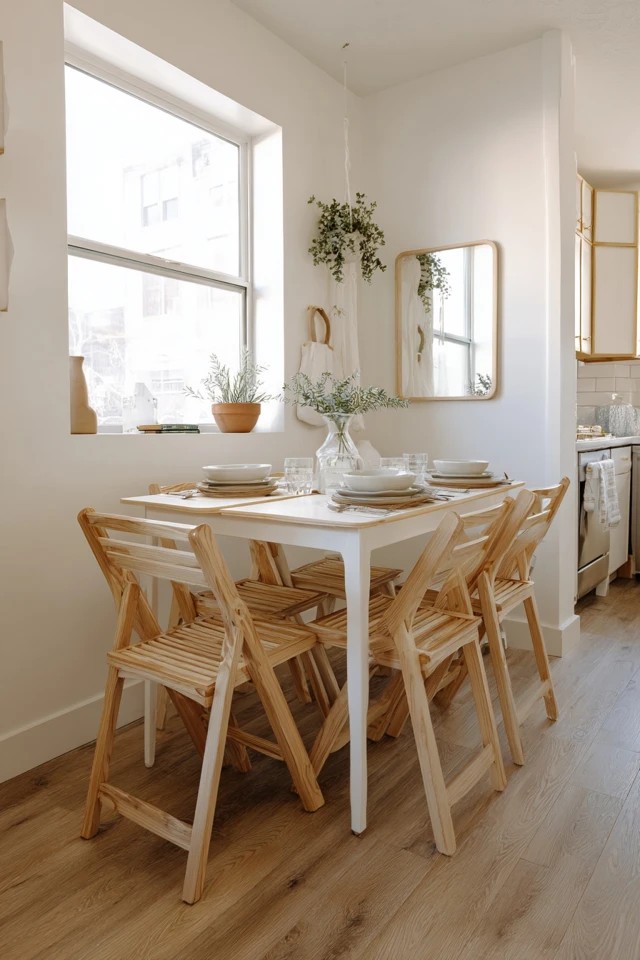 White or wood floating shelves displaying dishes