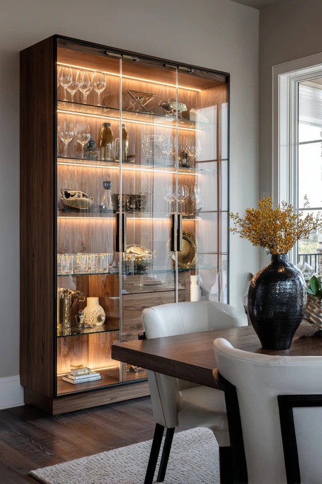 Modern cabinet with glass doors and LED lights