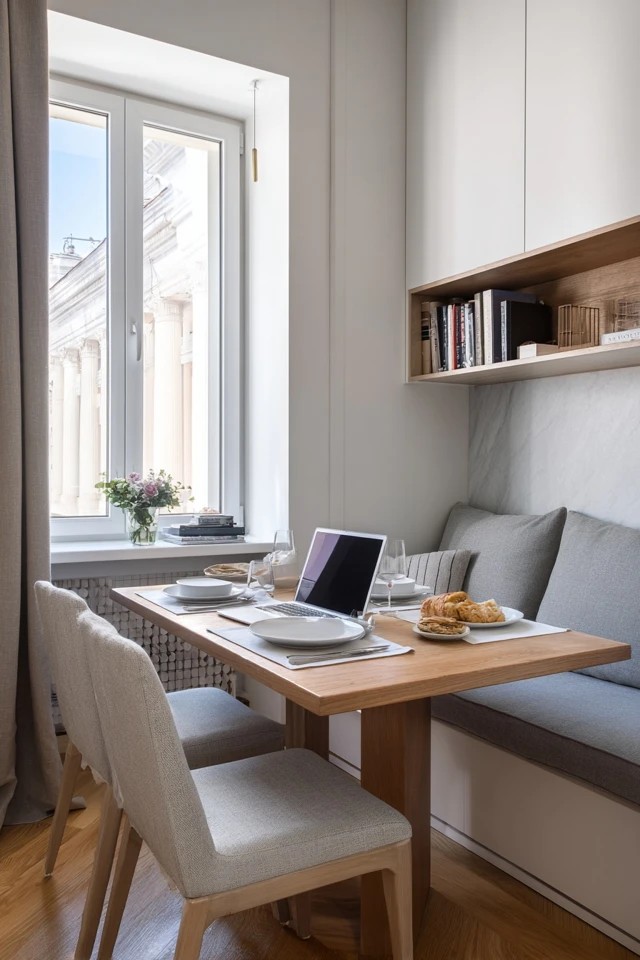 Simple modern table with laptop and dining setup