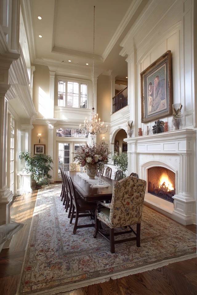 Substantial fireplace with mantel and surround