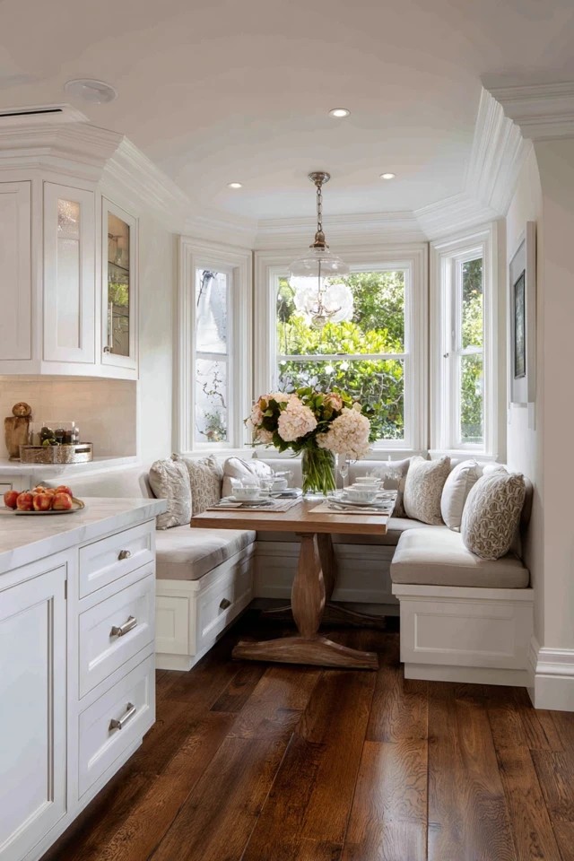 Wide doorway connecting formal dining to updated kitchen