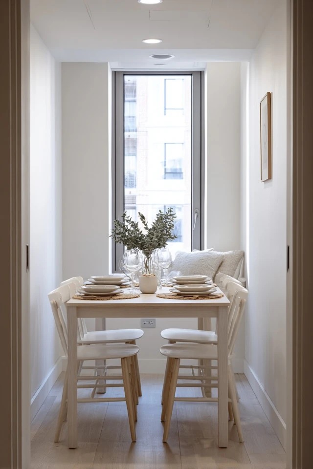 Large frameless mirror creating illusion of doubled space