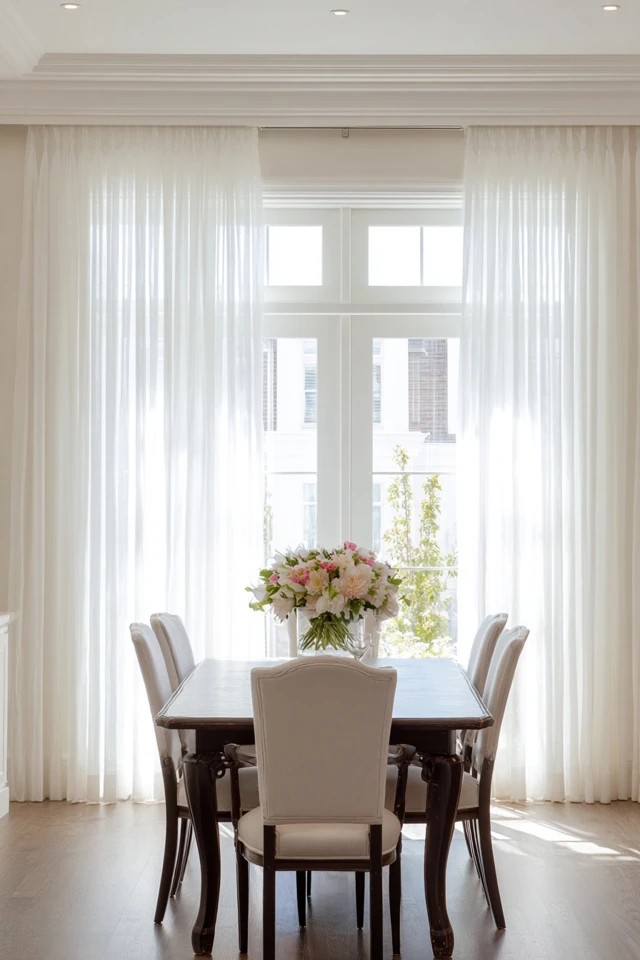 Dining room buffet positioned in front of a window creating dramatic backlighting and silhouette effect