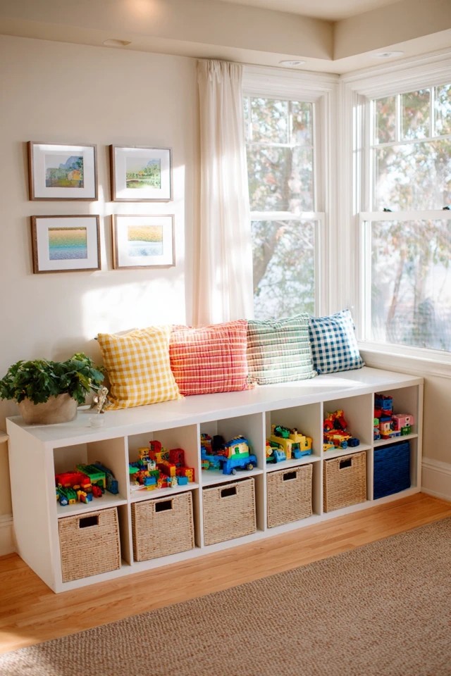 Child-height open cubbies and colorful bins creating accessible toy storage in a bright sunroom playroom