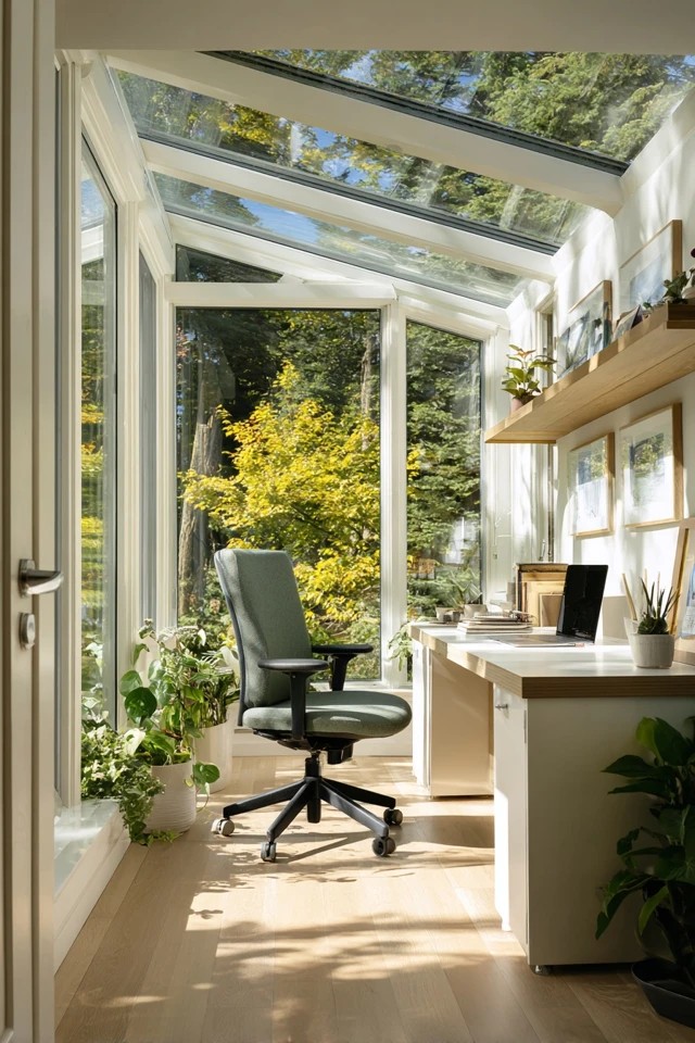 Writing desk facing glass walls maximizing natural daylight in a bright sunroom office