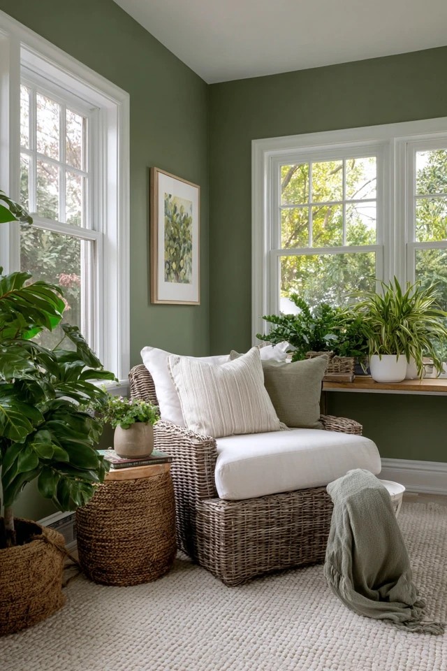 Soft sage grey-green painted walls creating a calming tranquil backdrop in a serene green sunroom