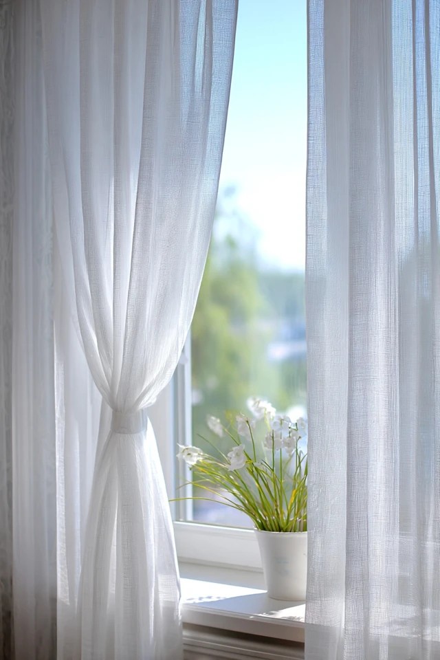 Flowing sheer white linen curtain panels creating soft light-filtering window treatment in a bright sunroom
