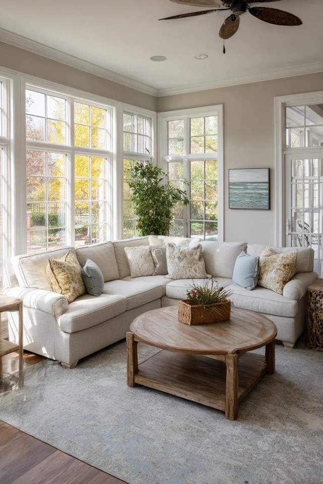 L-shaped sectional sofa positioned to enjoy views and natural light in a bright sunroom living room