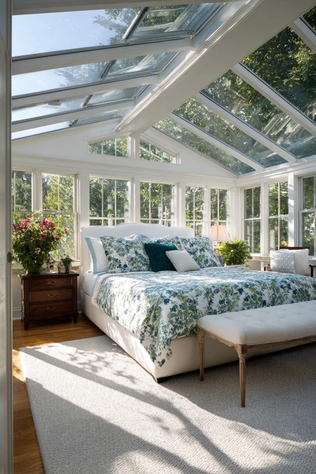 Upholstered bed positioned facing garden windows creating a view-oriented layout in a serene sunroom bedroom