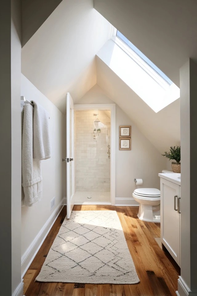 Sloped attic bathroom ceiling with skylight bringing natural light down from above