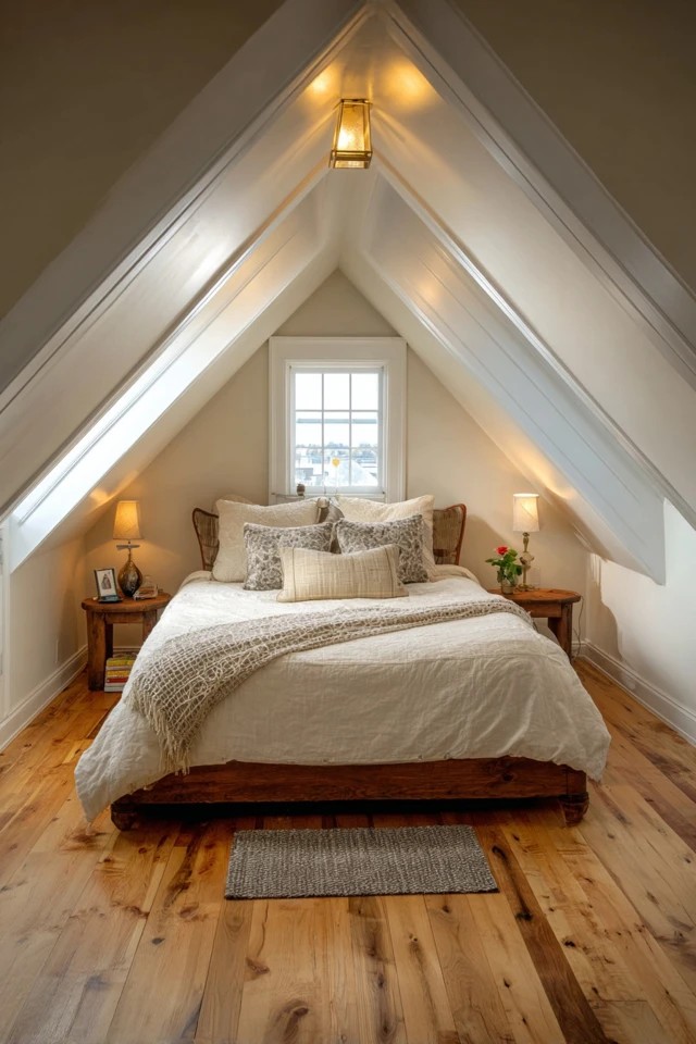 Bed placed under the highest part of the attic ceiling with nightstands flanking for maximum headroom