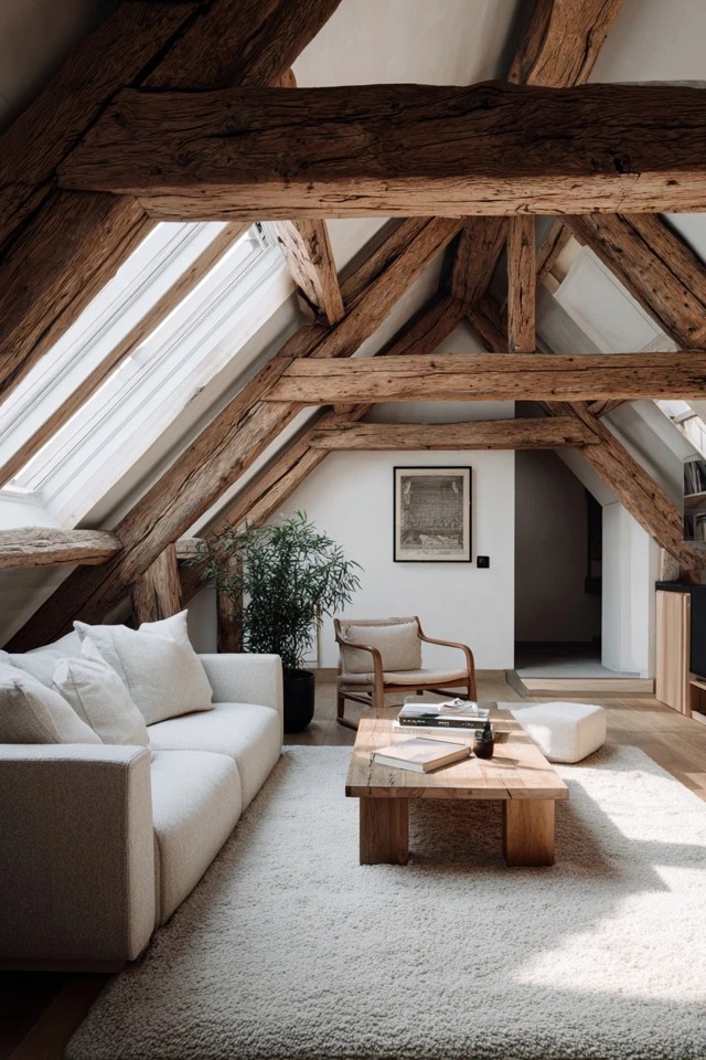 Sloped ceiling with original exposed wood beams and skylights creating distinctive architectural character in an attic apartment