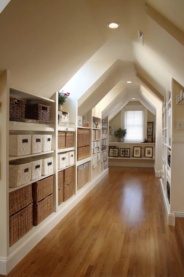 Floor-to-ceiling built-in shelves fitted along the attic knee walls for custom organised storage