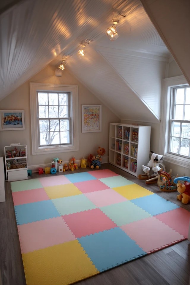 Bright interlocking foam floor mats creating a soft safe cushioned play surface in an attic playroom