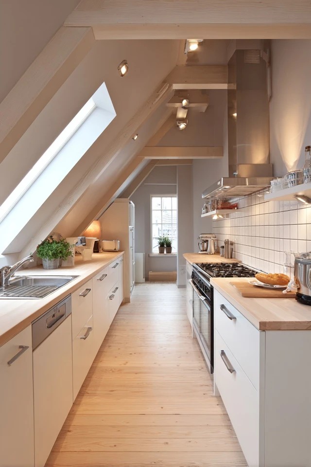 Streamlined galley kitchen running along one wall beneath the attic slope in a compact efficient cooking space