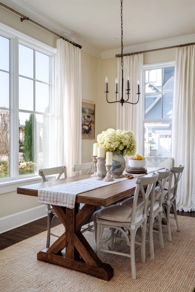 Arched window with curved top creating architectural interest in a Mediterranean-inspired dining room