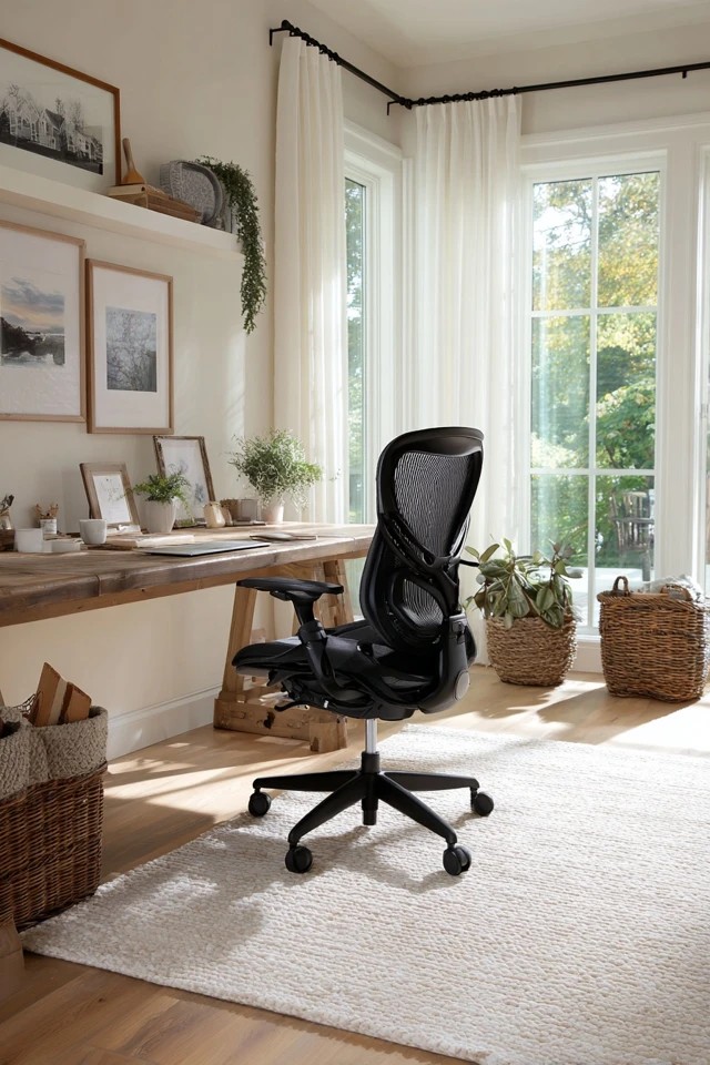 Potted houseplants on desk and shelves creating a biophilic green workspace in a sunroom office