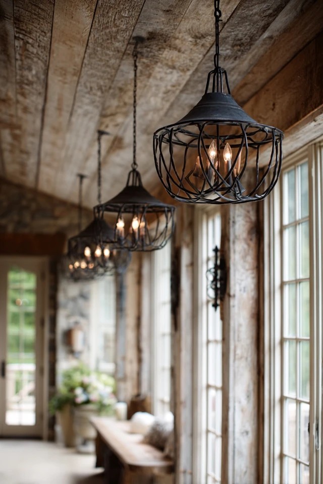 Unfinished rough-sawn wood planks with visible saw marks creating a textured rustic accent wall in a sunroom