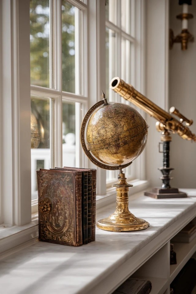 Vintage globe on stand and telescope near the window as scholarly decorative accessories in a sunroom library