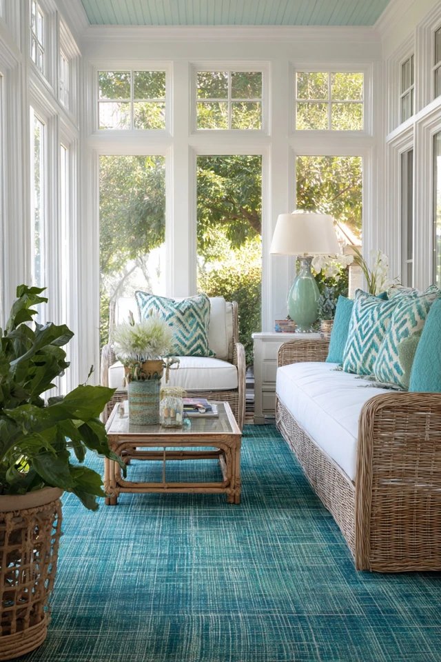 Aqua teal area rug creating ocean-inspired blue-green grounding in a coastal green sunroom