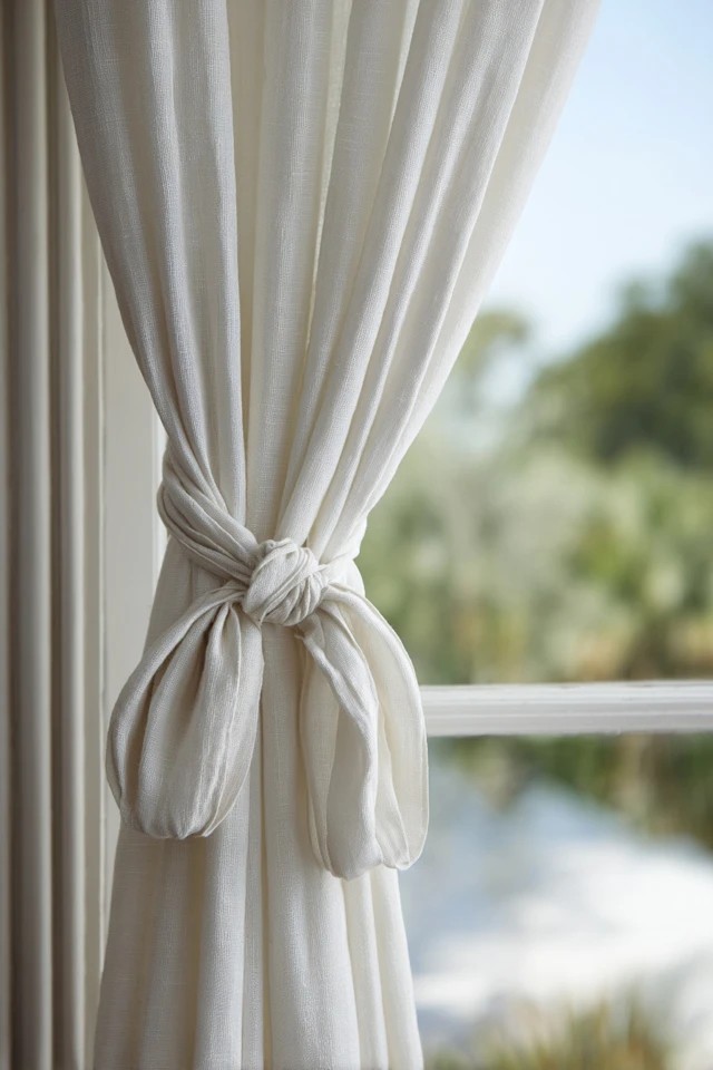 White café-style half curtains covering the lower window while allowing upper light in a charming sunroom