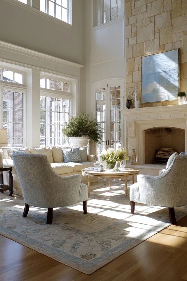 Matching accent chairs placed symmetrically flanking a fireplace or window as a formal living arrangement in a sunroom