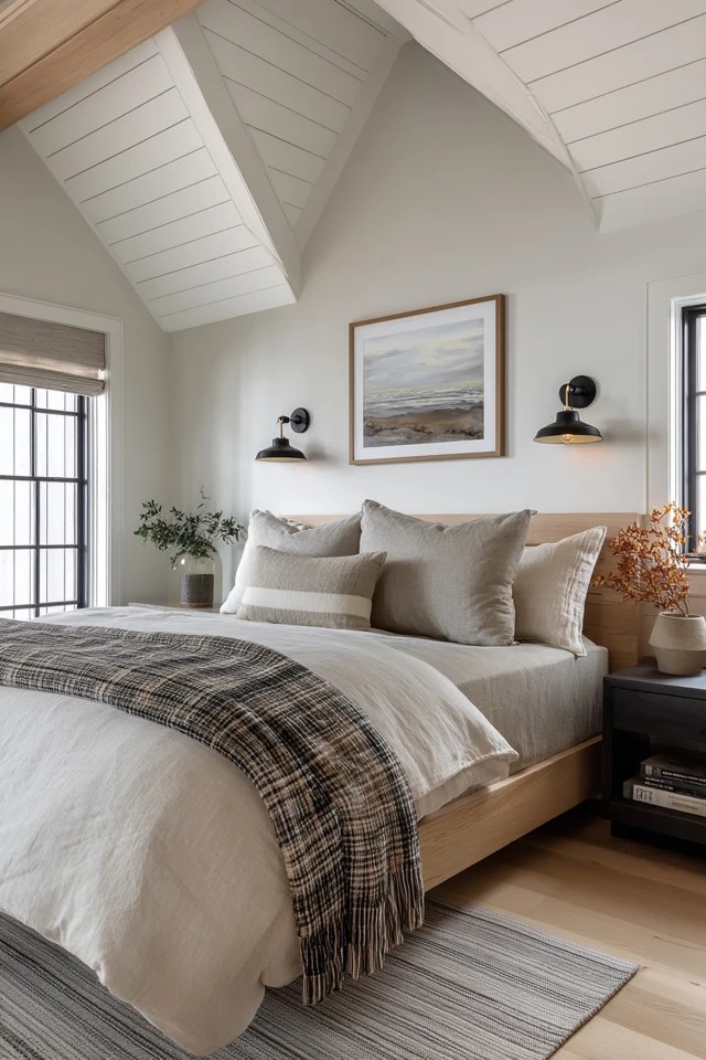 White and neutral colour palette with natural materials creating a restful serene atmosphere in a sunroom bedroom