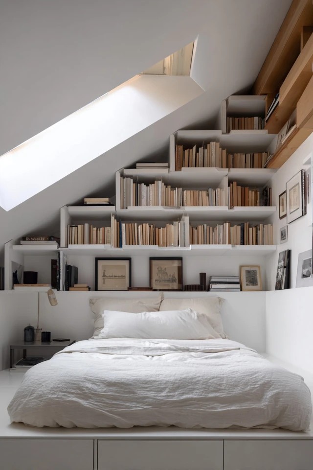Floating wall-mounted shelves using vertical wall space for books and accessories in an attic bedroom