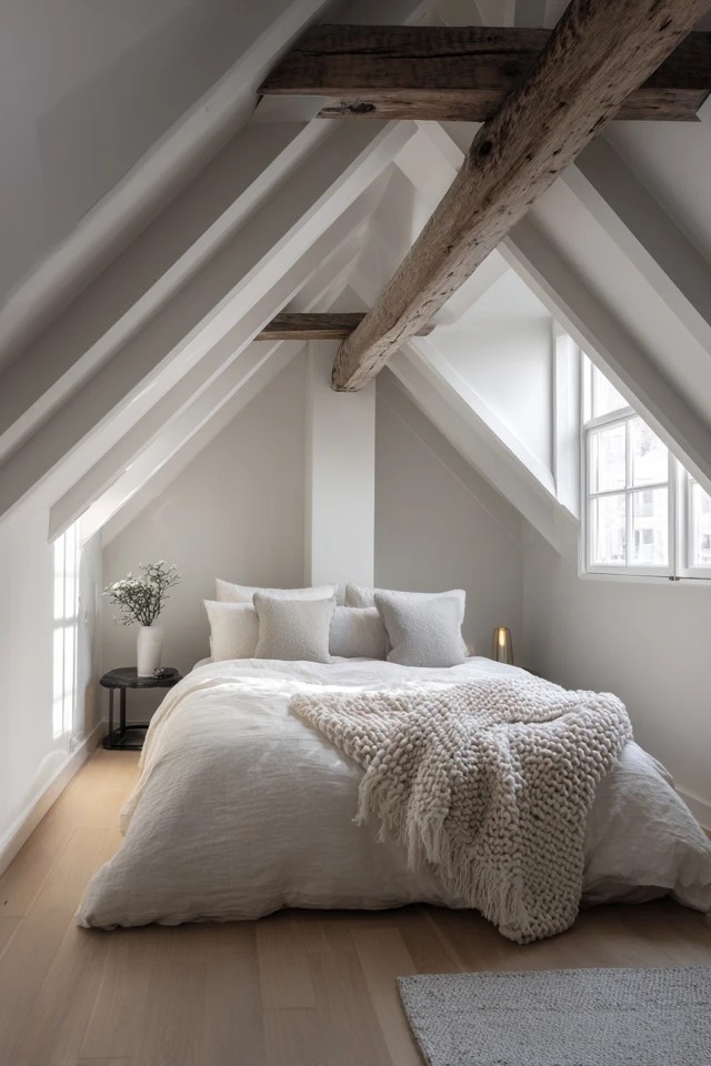 Multiple skylights set into the attic apartment roof flooding the interior with overhead natural daylight
