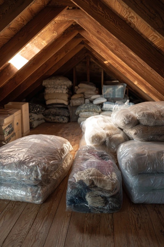 Elevated storage platform suspended by a pulley system utilising the high-ceiling attic vertical space
