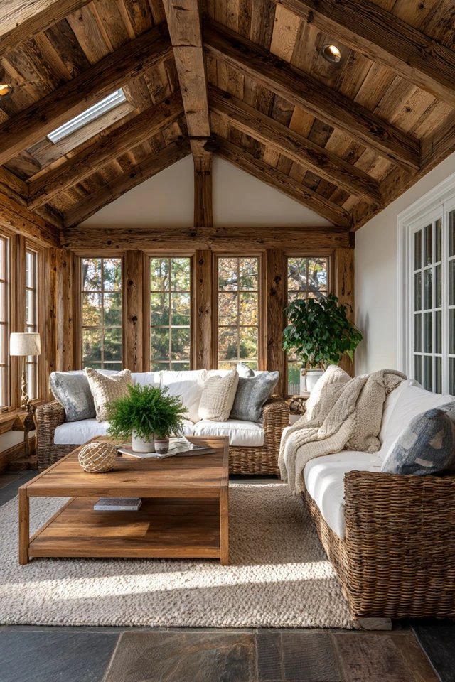 Exposed wood ceiling beams and natural wood furniture creating rustic organic warmth in a cozy sunroom