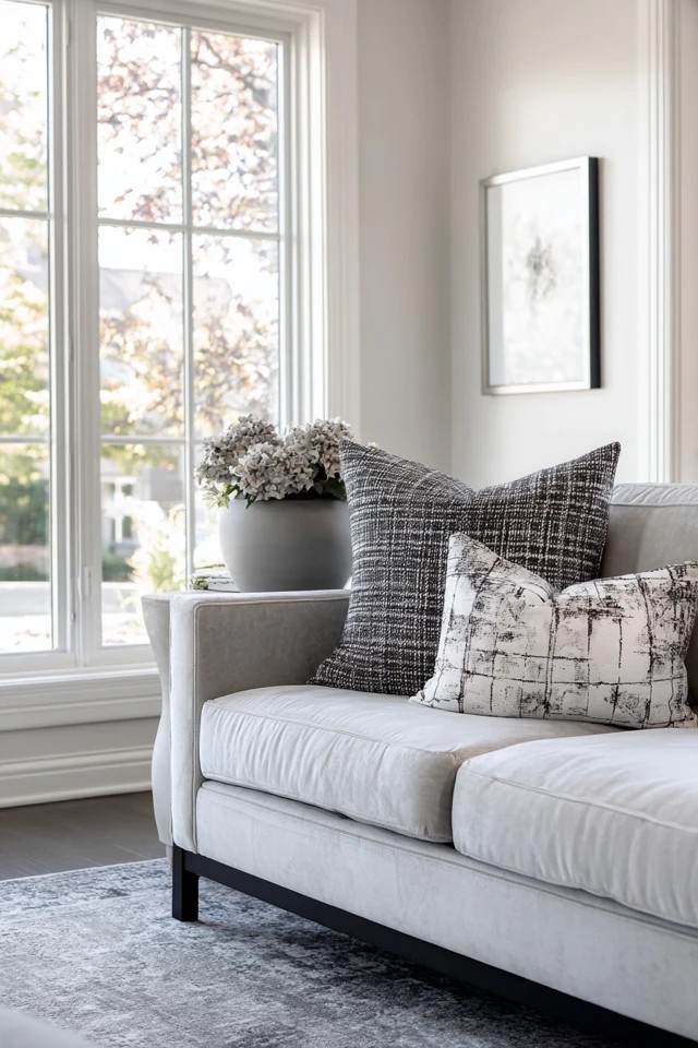 Simple geometric pendant lights providing architectural modern lighting in a contemporary sunroom