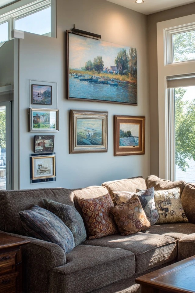 Framed artwork and prints displayed on sunroom living room walls adding personality and cultural richness