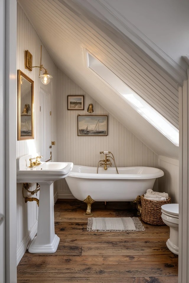 Clawfoot tub, pedestal sink, and brass fittings creating authentic period charm in a traditional attic bathroom