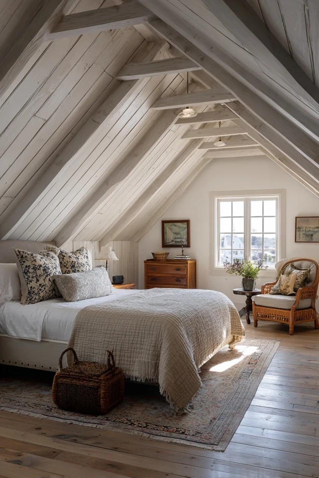 Pale oak light wood flooring creating a warm natural cheerful foundation in a converted attic bedroom