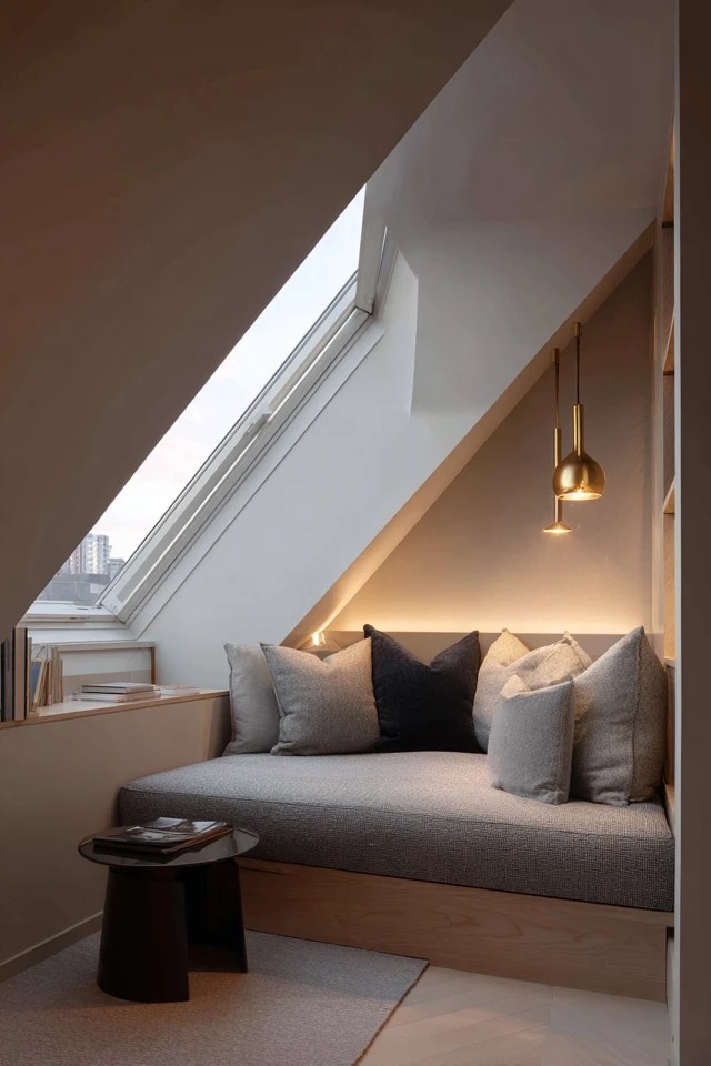 Exposed ductwork and pipework creating urban industrial loft character in a converted attic apartment